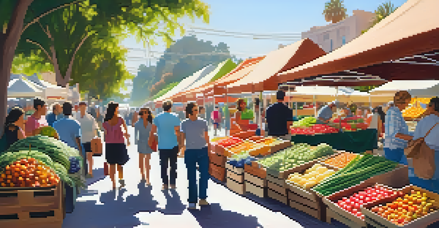 A close-up of fresh produce at a farmers market in Santa Monica with local vendors and customers.