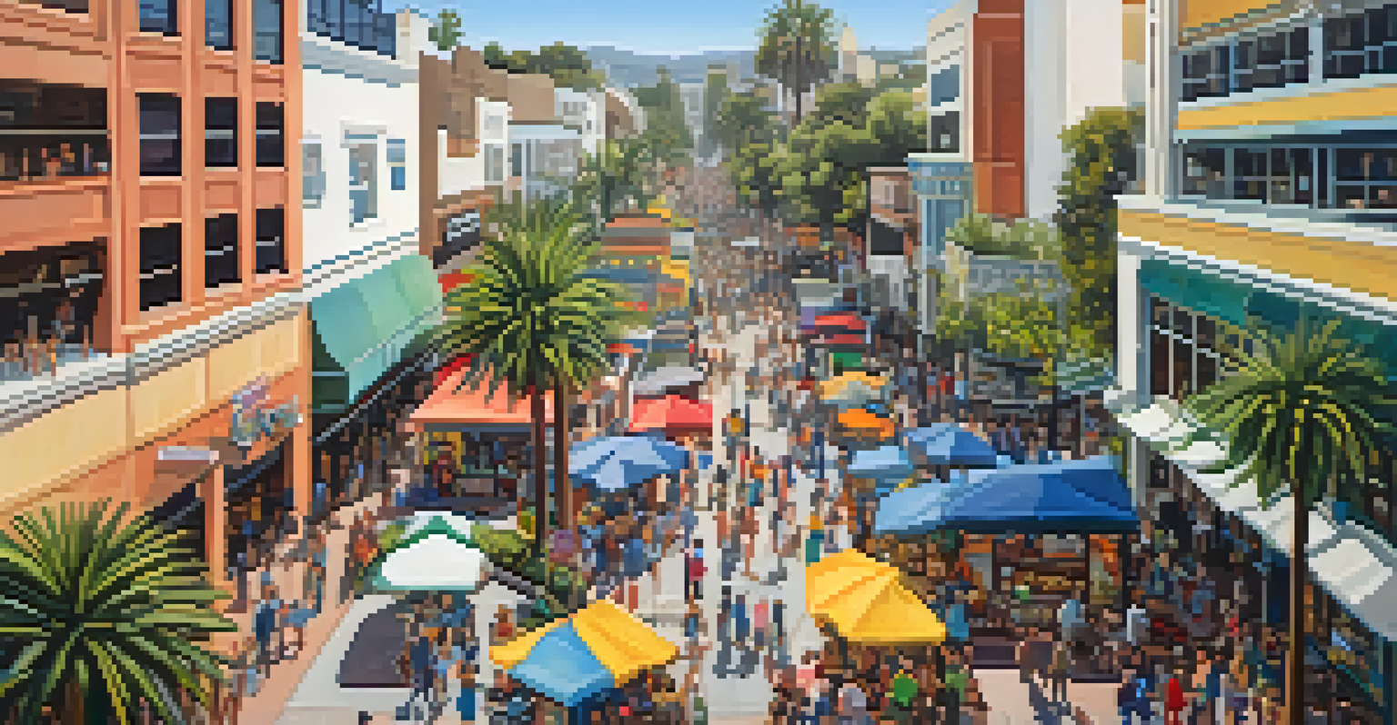An aerial perspective of Third Street Promenade in Santa Monica, showcasing the free shuttle bus, shoppers, and vibrant street life.