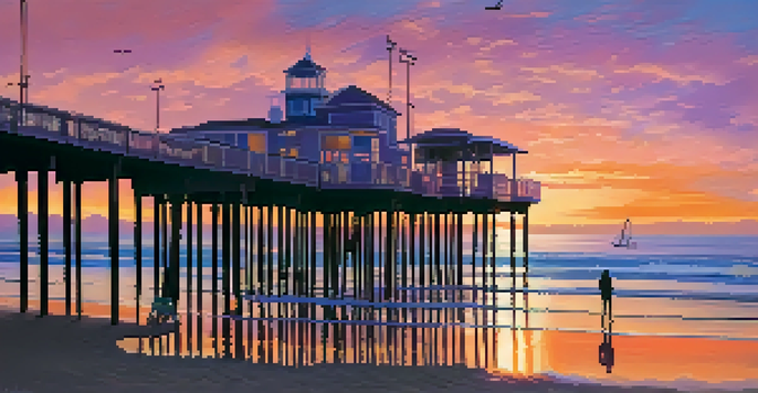 A picturesque sunset at Santa Monica Beach with the pier in silhouette and beachgoers enjoying the scene.