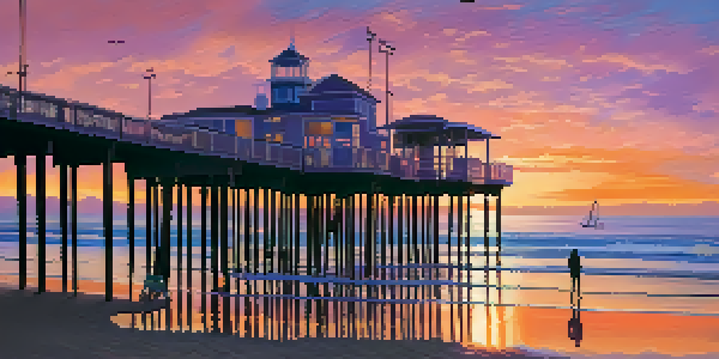 A picturesque sunset at Santa Monica Beach with the pier in silhouette and beachgoers enjoying the scene.