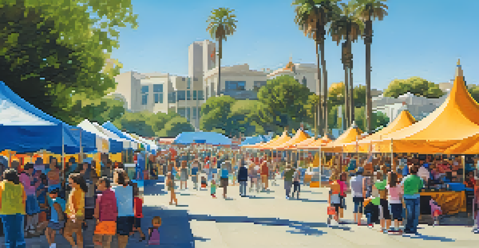 A vibrant outdoor community event at the Santa Monica Civic Center with colorful tents and families enjoying activities.