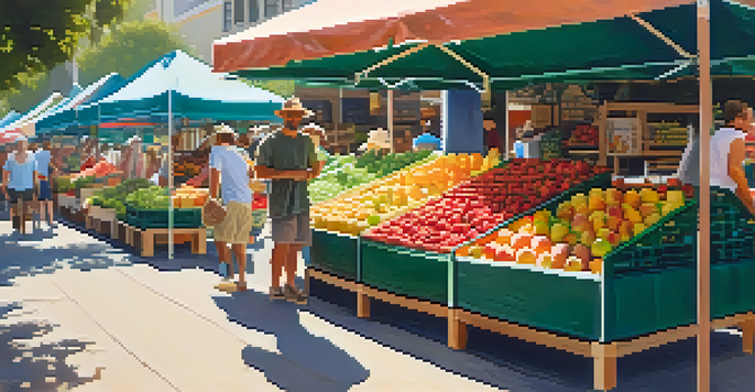 A lively farmers market filled with fresh fruits like strawberries, peaches, and apples, with vendors and customers in a sunny environment.