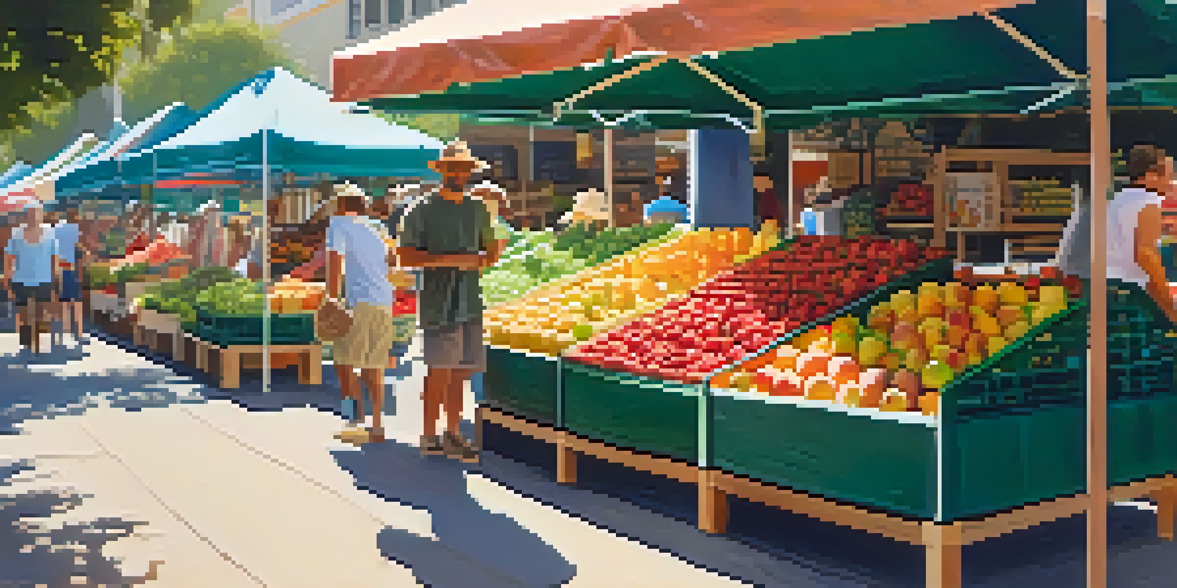 A lively farmers market filled with fresh fruits like strawberries, peaches, and apples, with vendors and customers in a sunny environment.