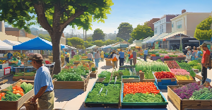 A community garden in Santa Monica with diverse residents gardening, colorful vegetables, and a farmer's market stall in the background.