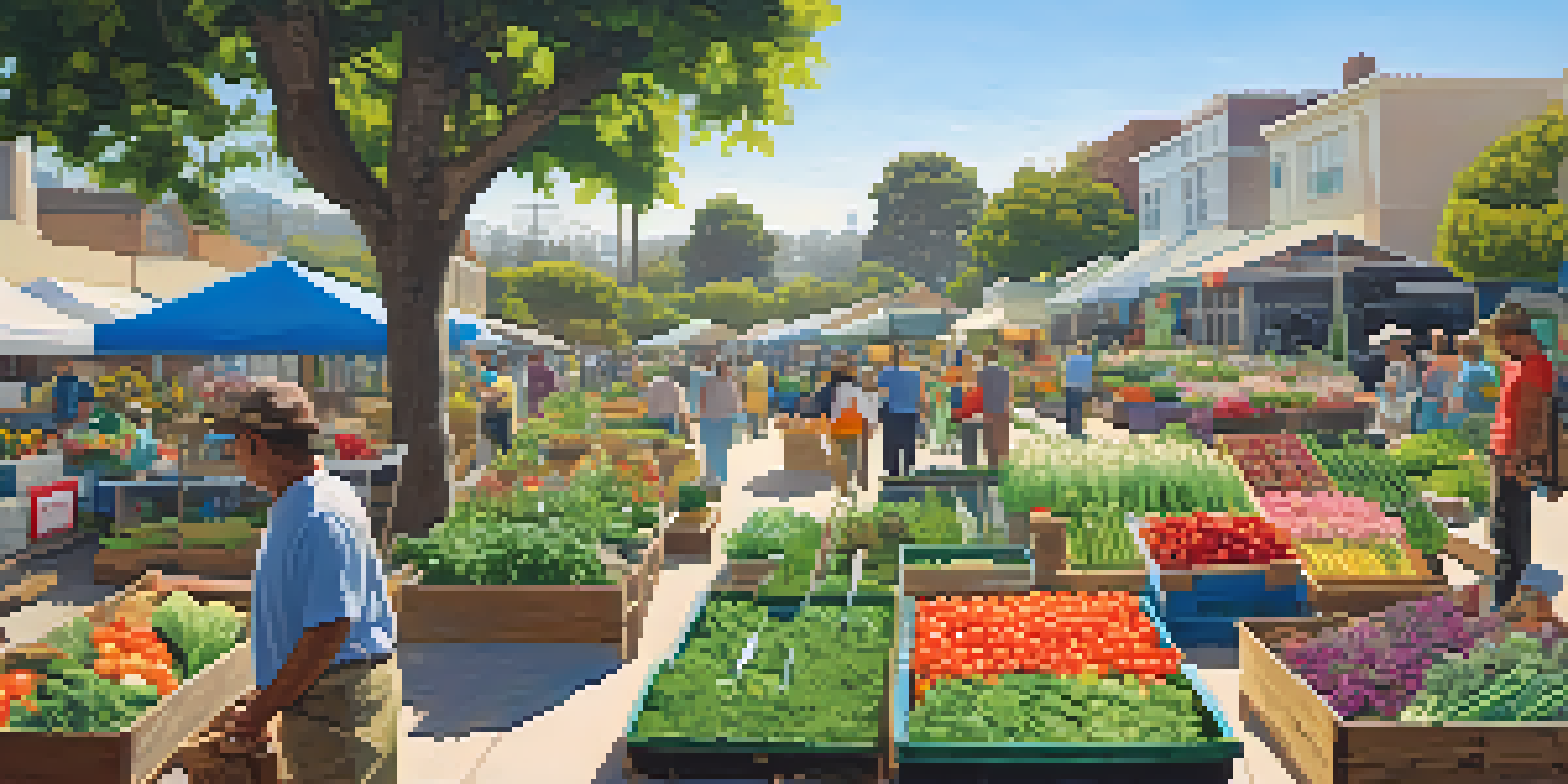 A community garden in Santa Monica with diverse residents gardening, colorful vegetables, and a farmer's market stall in the background.