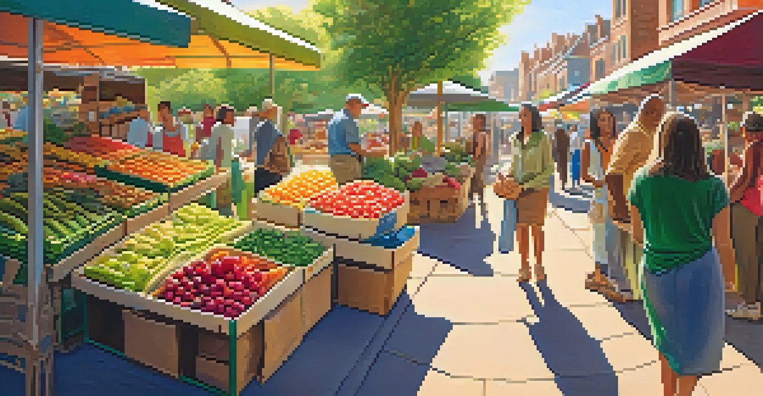 Outdoor market scene with consumers engaging with vendors selling products in eco-friendly packaging, surrounded by colorful fruits and vegetables.