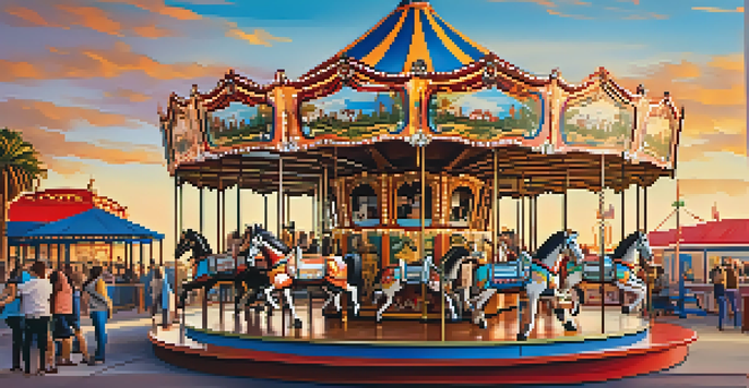 A colorful carousel with hand-carved horses at Santa Monica Pier, surrounded by happy families and a sunset sky.