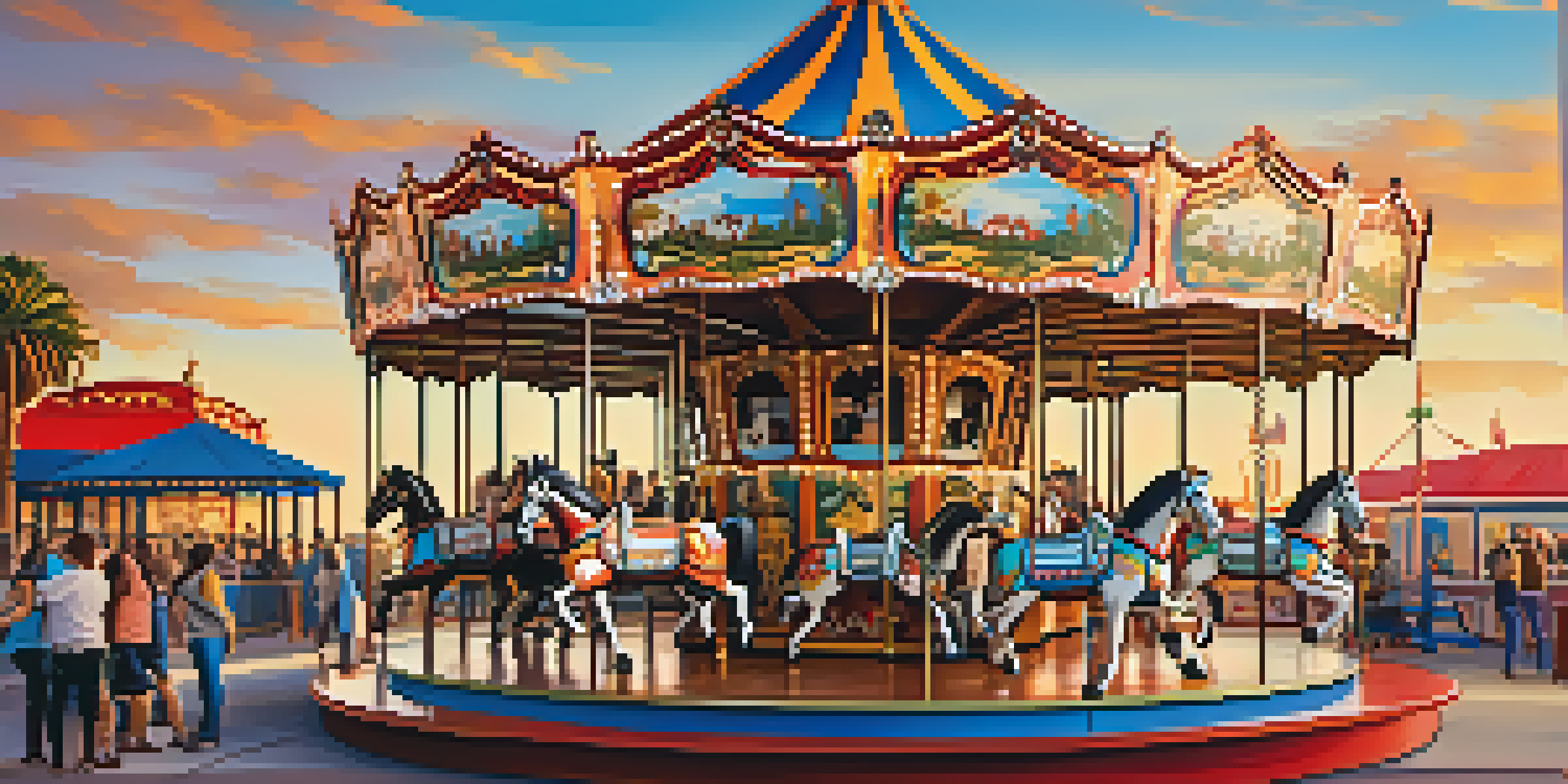 A colorful carousel with hand-carved horses at Santa Monica Pier, surrounded by happy families and a sunset sky.