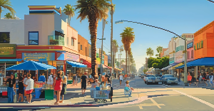 A lively street scene in Sunset Park, Santa Monica, featuring local shops, families, and palm trees under a sunny sky.