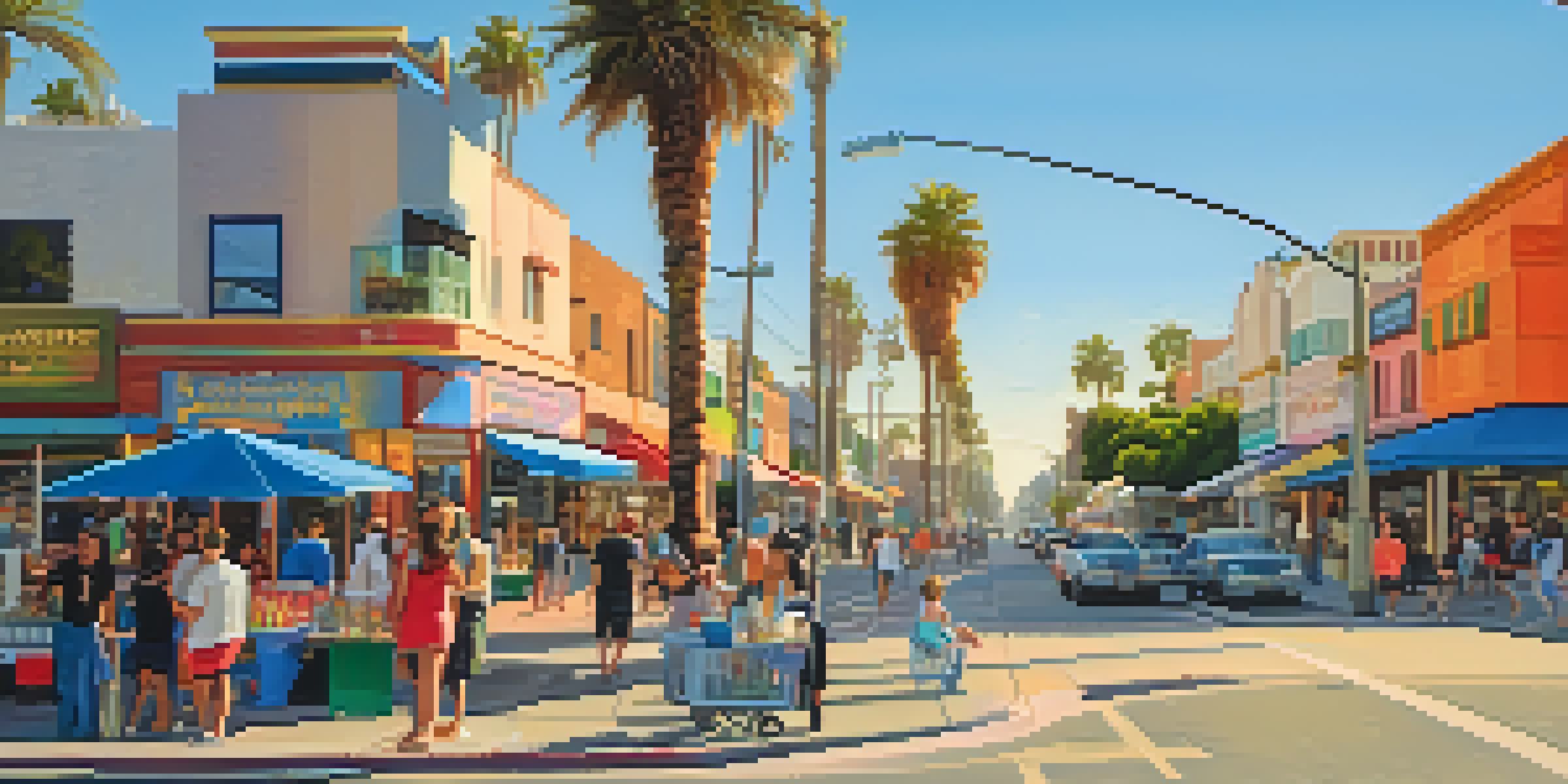 A lively street scene in Sunset Park, Santa Monica, featuring local shops, families, and palm trees under a sunny sky.