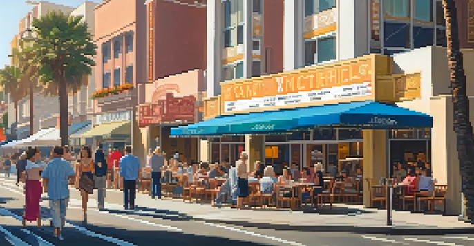 A bustling street in Santa Monica with cafes and boutiques, illuminated by the golden light of sunset, with people walking by.