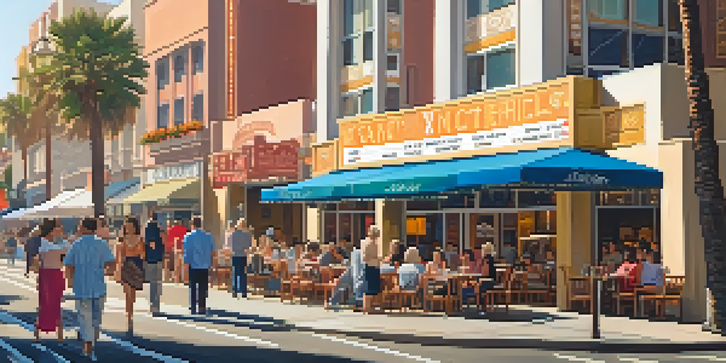 A bustling street in Santa Monica with cafes and boutiques, illuminated by the golden light of sunset, with people walking by.