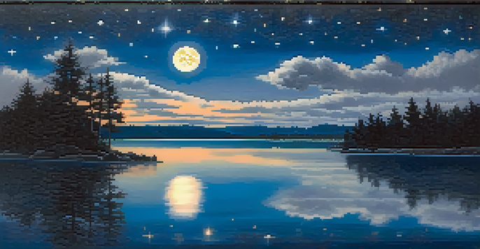 A tranquil night scene with a full moon and starry sky reflected in a calm lake, framed by trees.