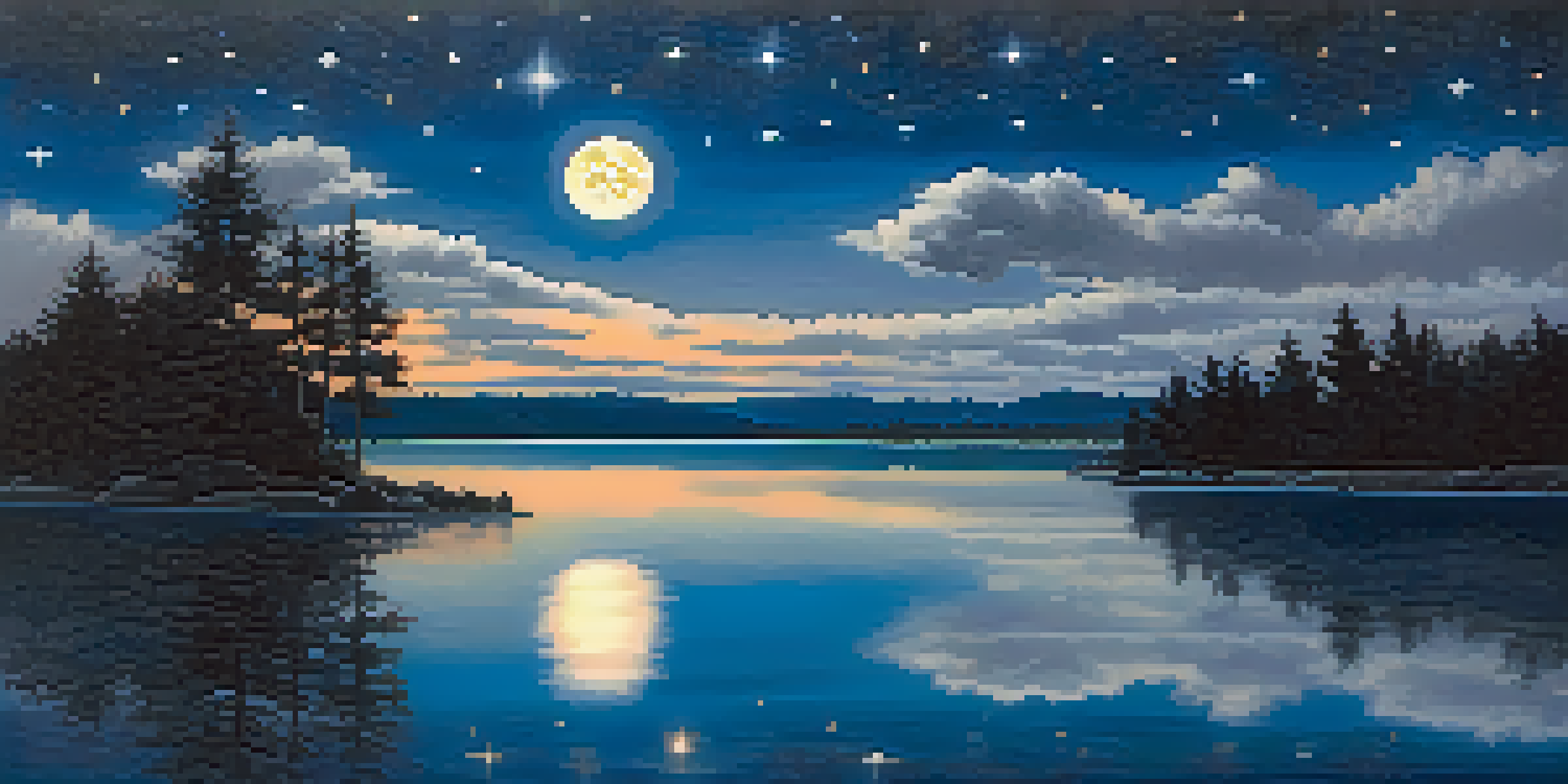 A tranquil night scene with a full moon and starry sky reflected in a calm lake, framed by trees.