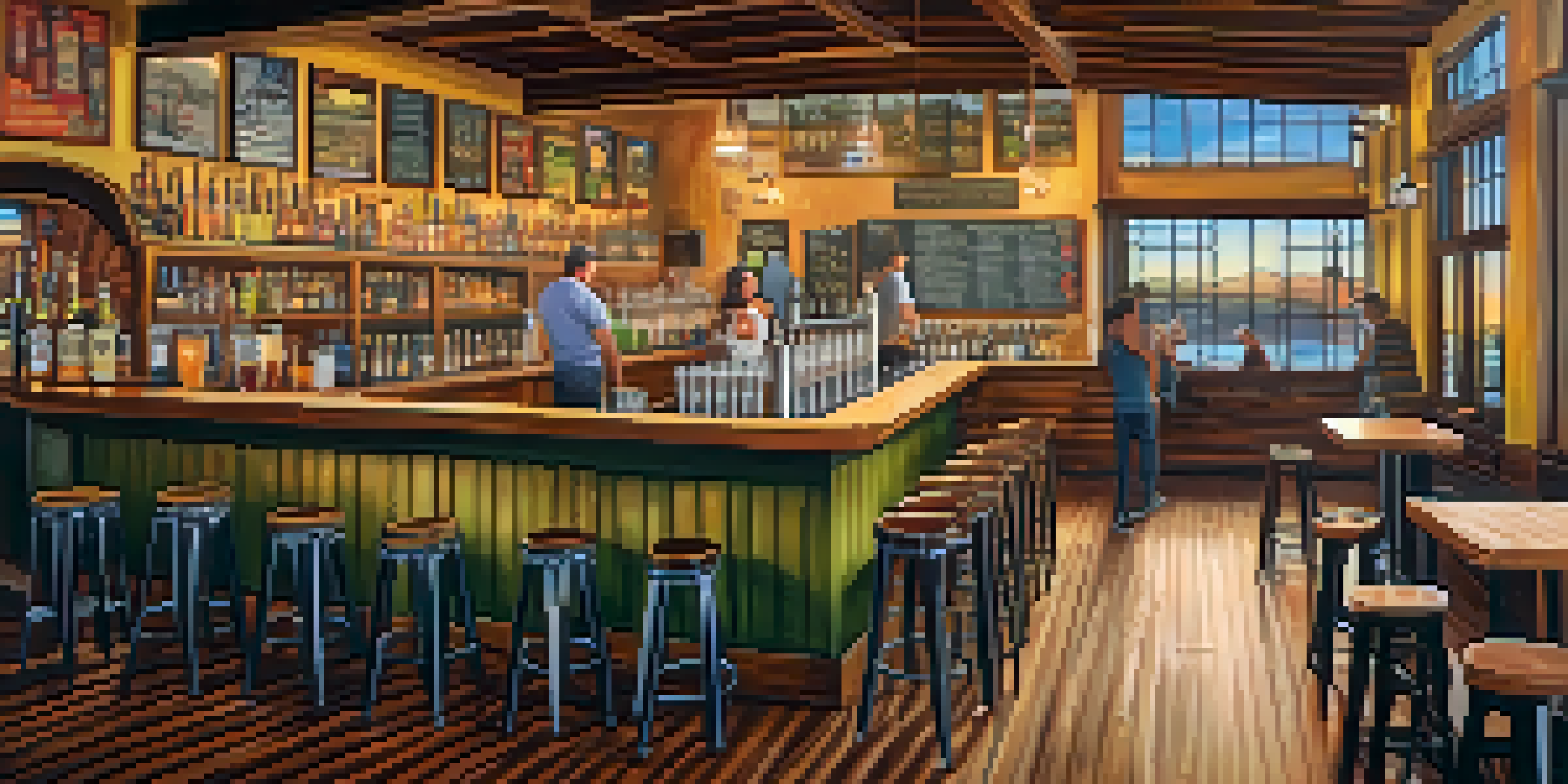 A lively Santa Monica craft brewery with colorful murals and patrons enjoying craft beers at a rustic wooden bar.