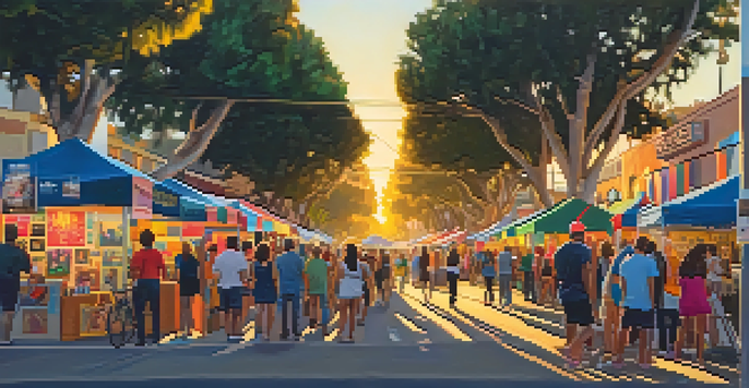 A bustling street in Santa Monica filled with people enjoying an art walk, with colorful banners and art installations around them.
