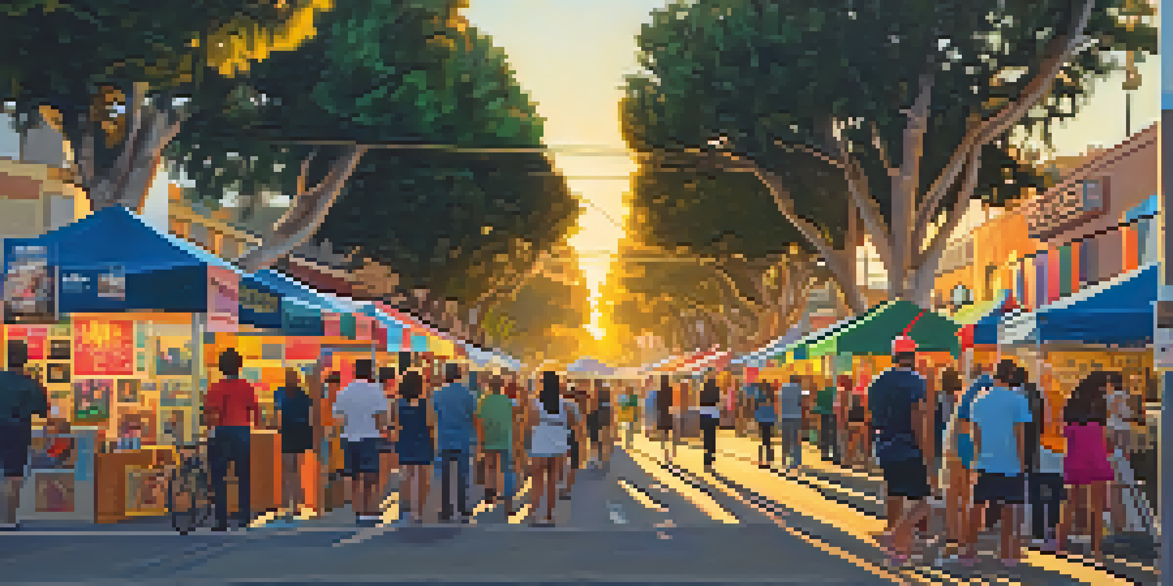 A bustling street in Santa Monica filled with people enjoying an art walk, with colorful banners and art installations around them.