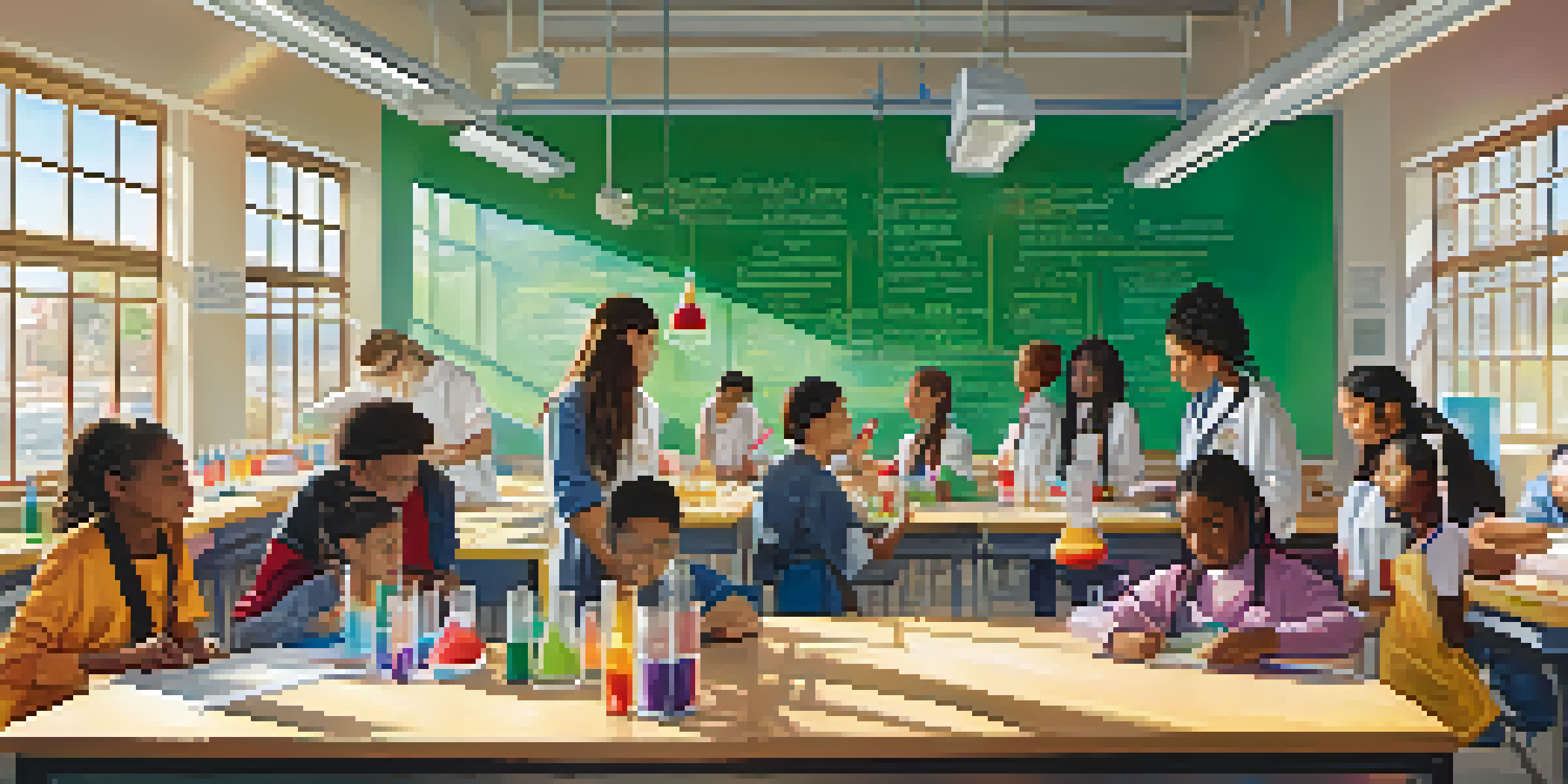 A diverse group of students working together in a bright classroom, conducting science experiments with beakers and models.