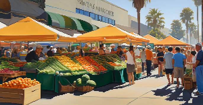 A busy farmers market with colorful stalls of fruits and vegetables, people interacting with vendors under a sunny sky.