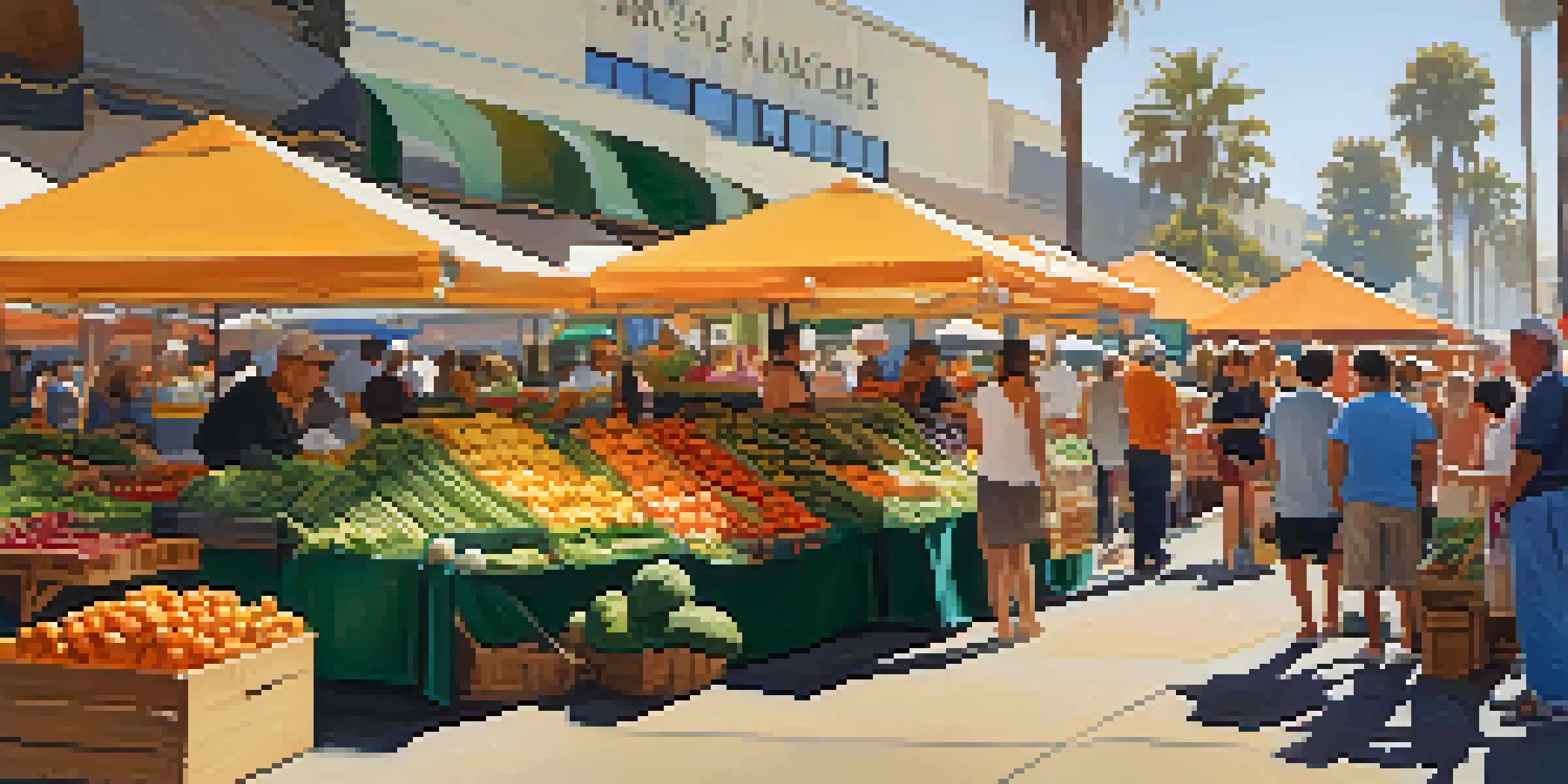 A busy farmers market with colorful stalls of fruits and vegetables, people interacting with vendors under a sunny sky.