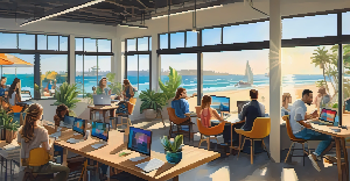 A lively co-working space in Santa Monica with diverse individuals working together, large windows with beach views, and colorful artwork.