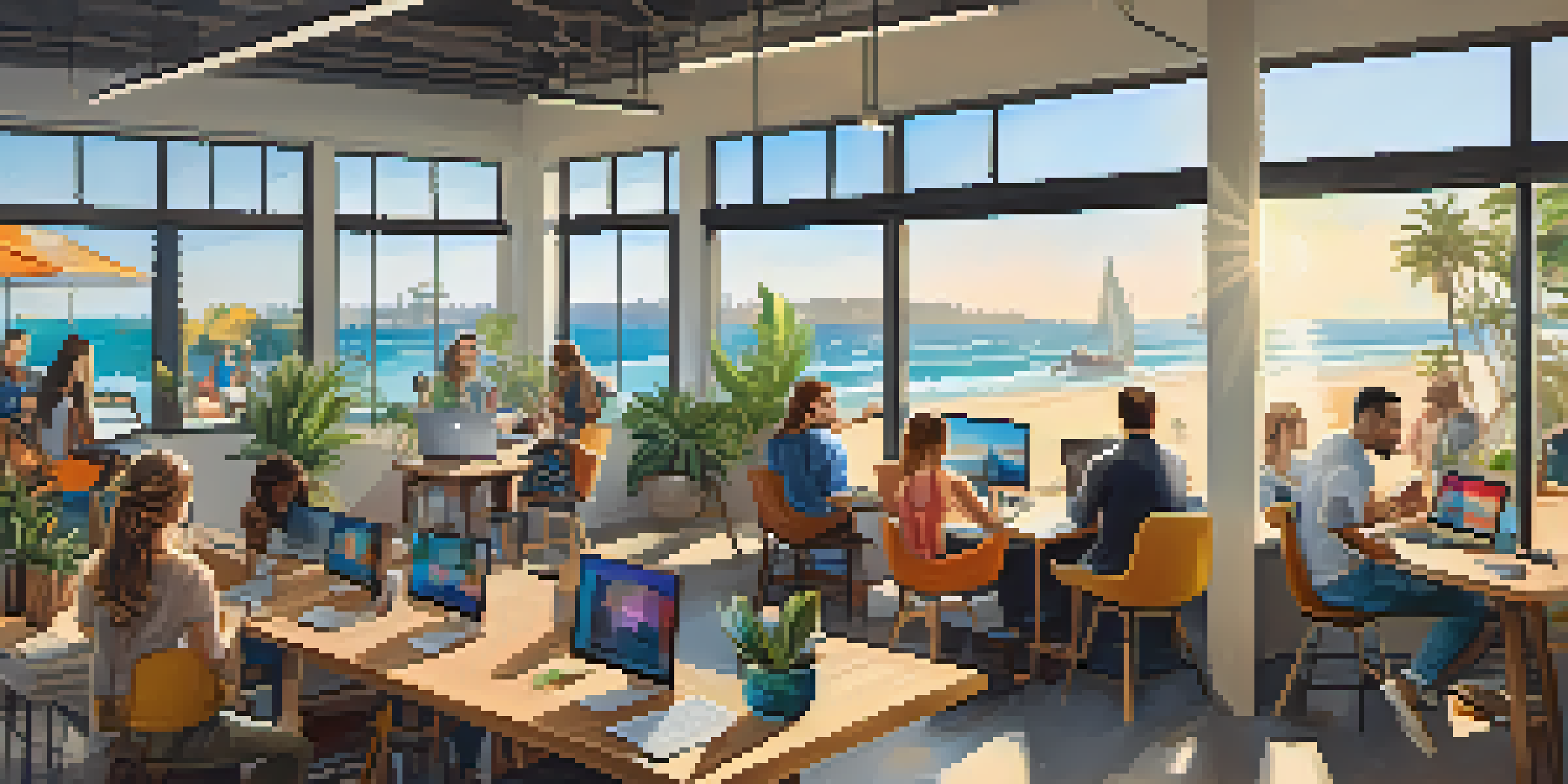 A lively co-working space in Santa Monica with diverse individuals working together, large windows with beach views, and colorful artwork.