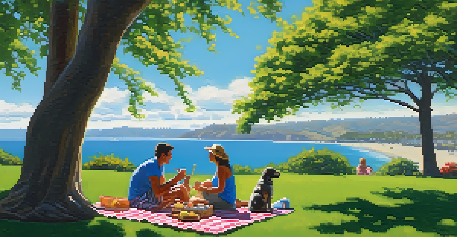 A couple having a picnic in Palisades Park with their dog, surrounded by greenery and a view of the ocean.