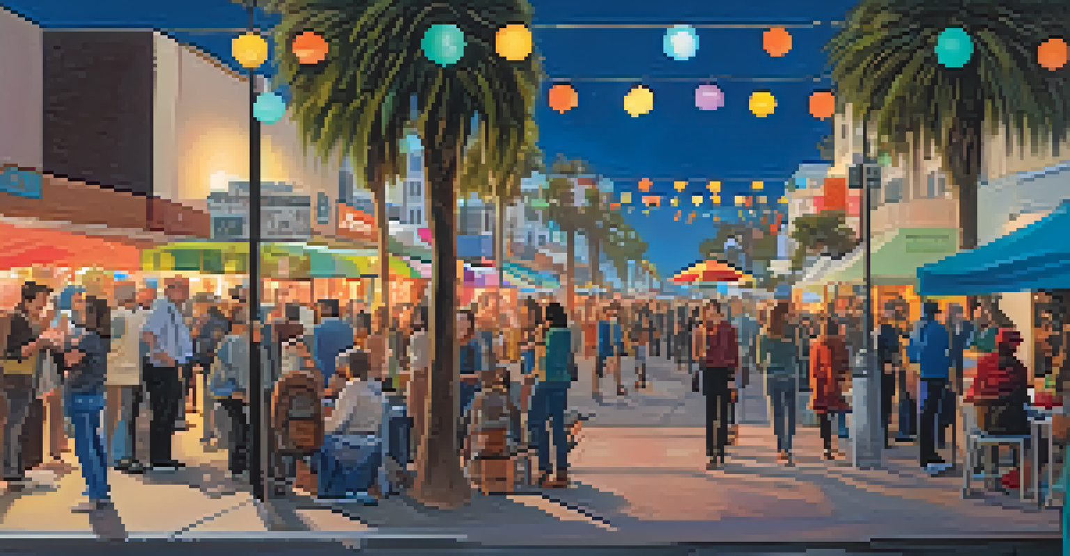 A vibrant art walk in Santa Monica featuring local artists and colorful art installations, with people enjoying the atmosphere.