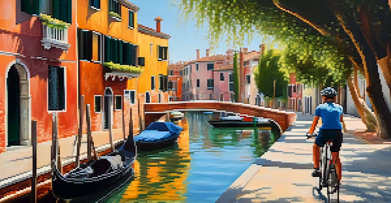 A cyclist biking along the Venice Canals, surrounded by colorful houses and serene waters.