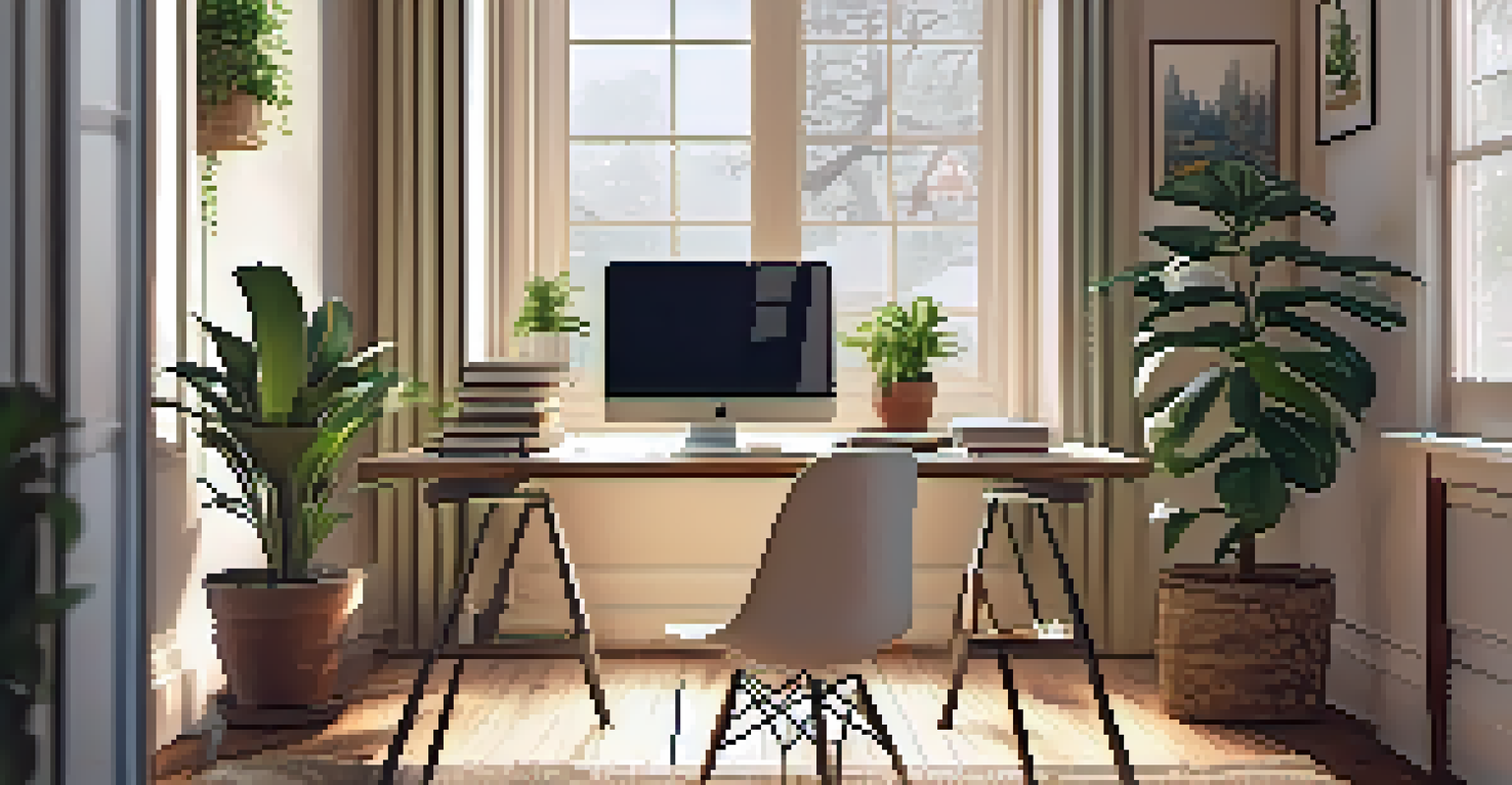 A cozy home office with a desk, laptop, books, and plants, illuminated by natural light, conveying a sense of productivity.