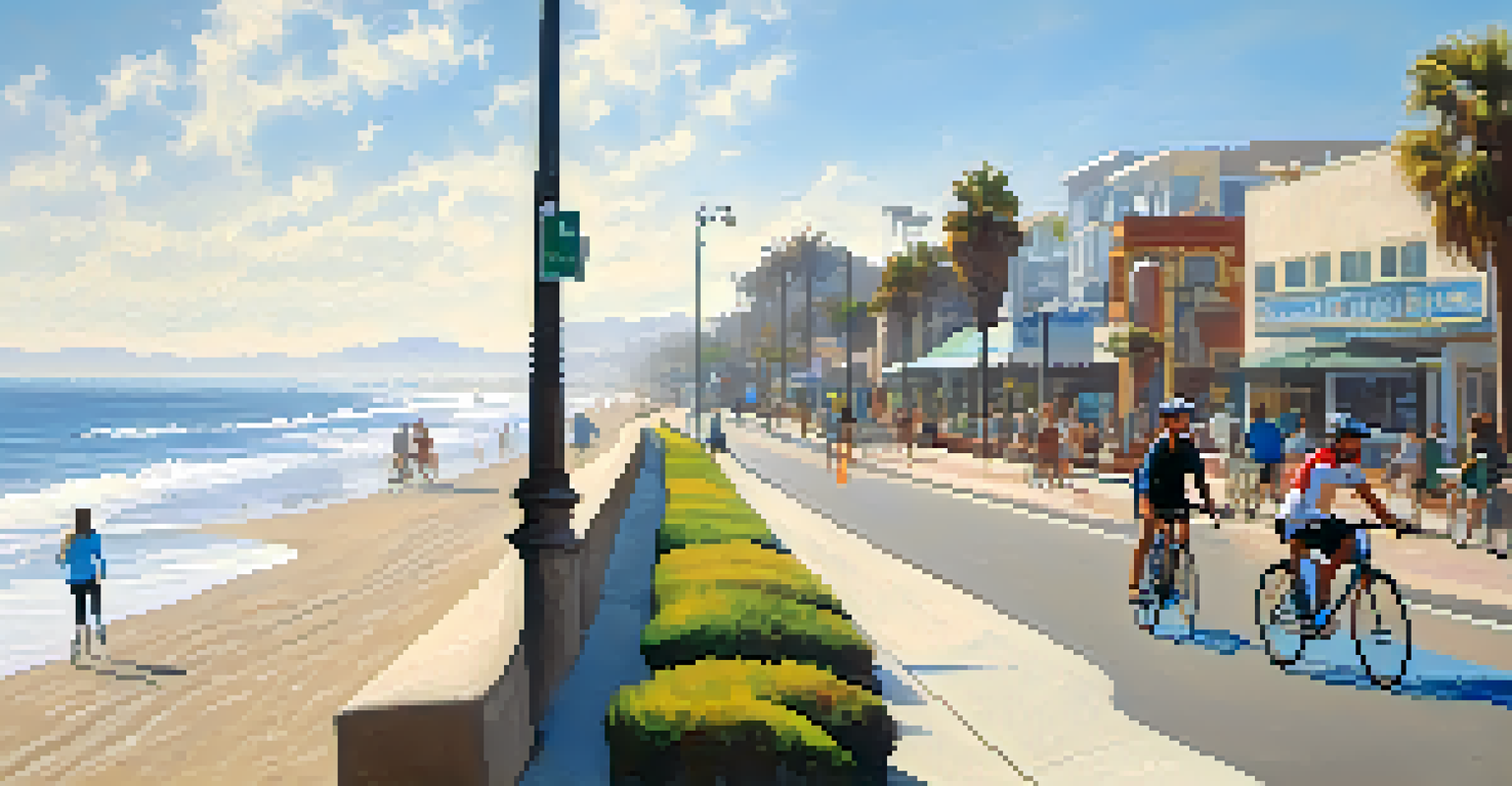 Cyclists riding along a beautiful coastal path with ocean views and beachgoers in a sunny Santa Monica setting.