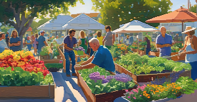 A lively community garden filled with colorful flowers and vegetables, with people chatting and sharing gardening tips under a sunny blue sky.