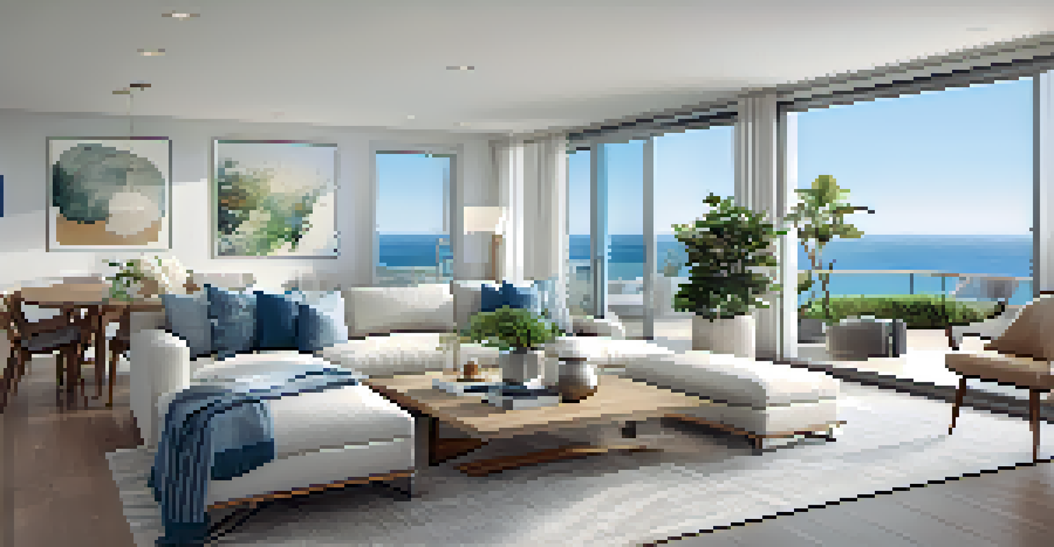 A modern interior of a Santa Monica condo with an open living space, large windows, and ocean view.