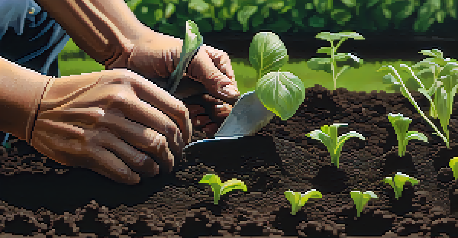 A close-up of hands planting seedlings in dark soil, highlighting the texture of the earth and the vibrant green of the plants, illuminated by soft natural light.
