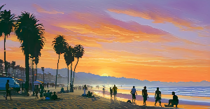 A beautiful sunset at Santa Monica beach with silhouettes of palm trees and people walking along the shore.