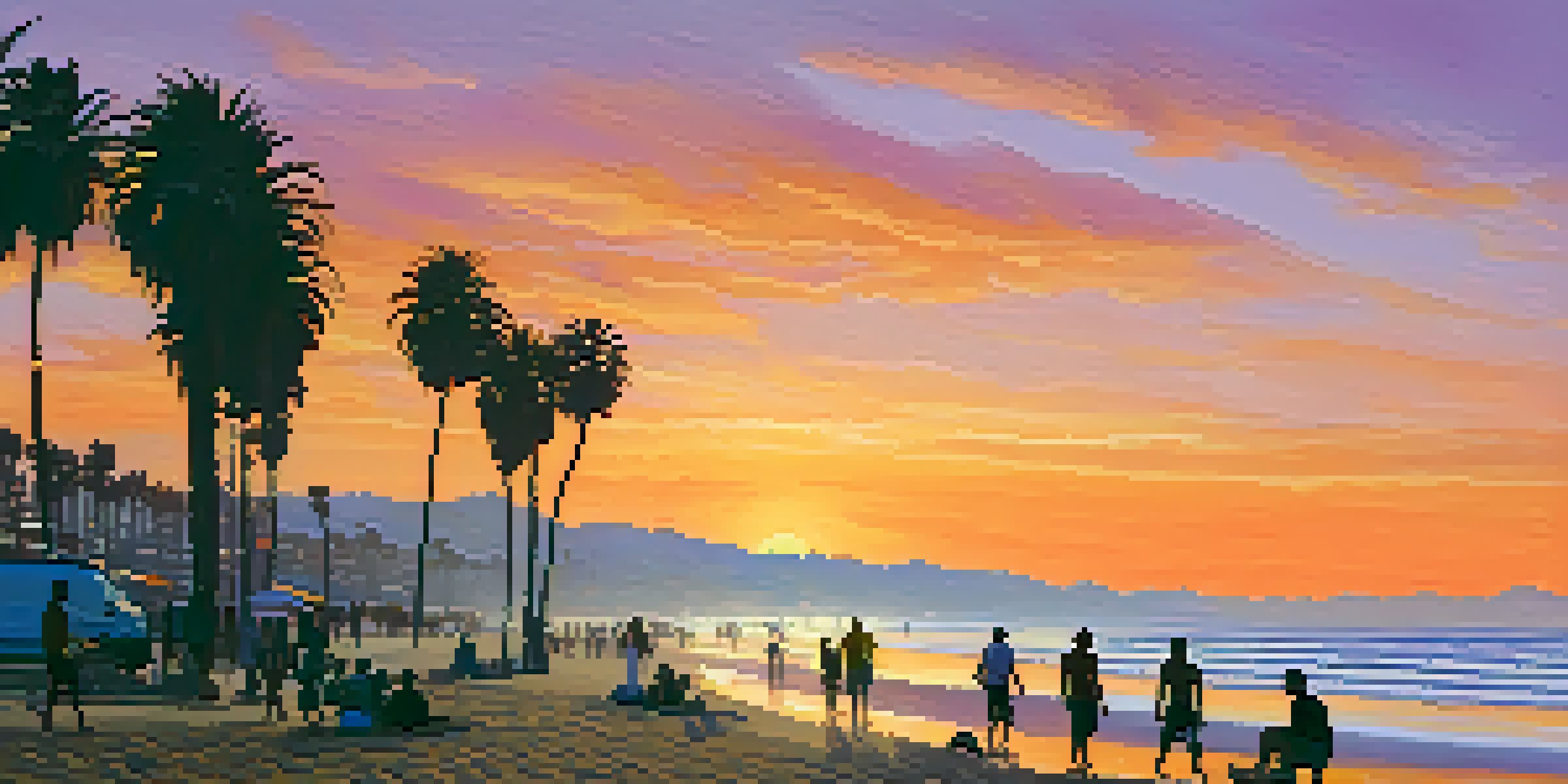 A beautiful sunset at Santa Monica beach with silhouettes of palm trees and people walking along the shore.