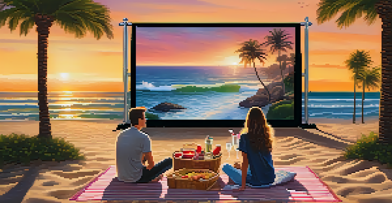 A couple enjoying a romantic outdoor movie night with a picnic in Palisades Park, featuring a sunset and a large movie screen.