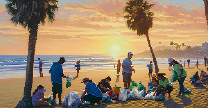 A lively beach clean-up event in Santa Monica with community members collecting litter during sunset.