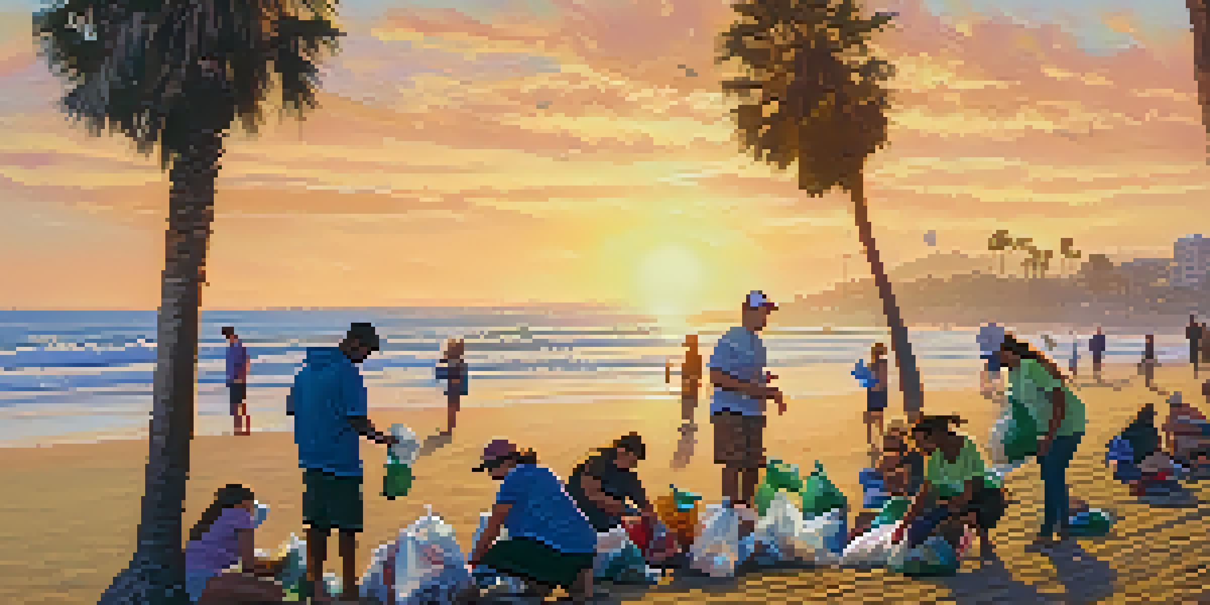 A lively beach clean-up event in Santa Monica with community members collecting litter during sunset.