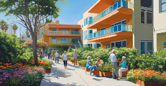 A colorful senior housing complex with seniors socializing in a garden, surrounded by greenery and flowers under a bright blue sky.