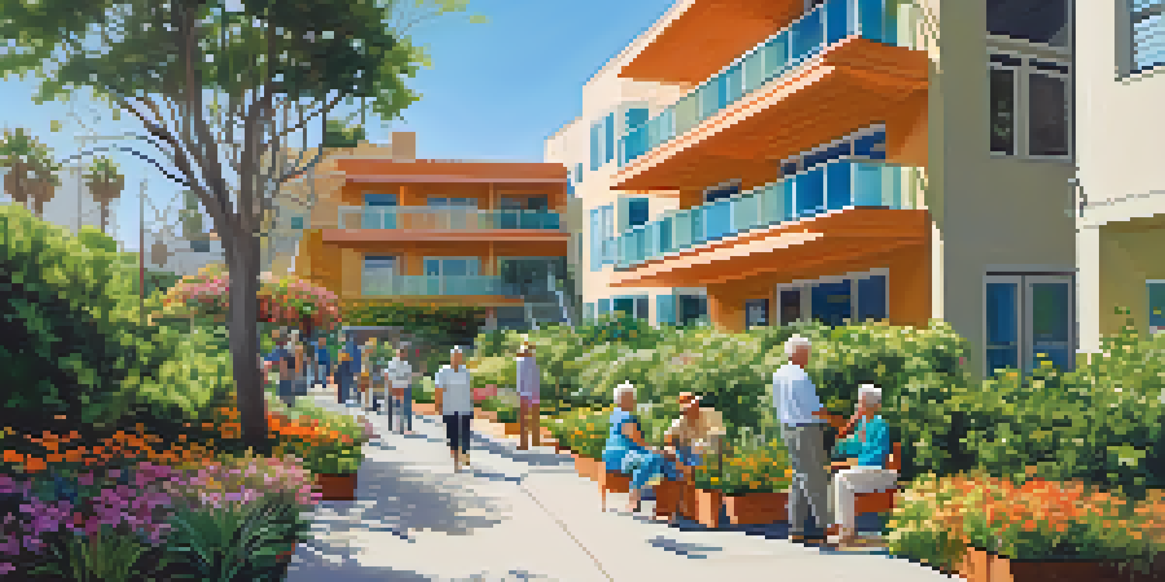 A colorful senior housing complex with seniors socializing in a garden, surrounded by greenery and flowers under a bright blue sky.
