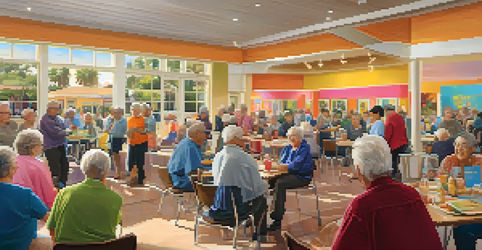 A community center where seniors are participating in art classes and dancing, showcasing a lively and engaging environment.
