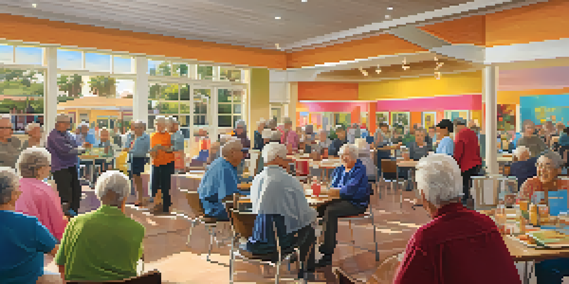 A community center where seniors are participating in art classes and dancing, showcasing a lively and engaging environment.