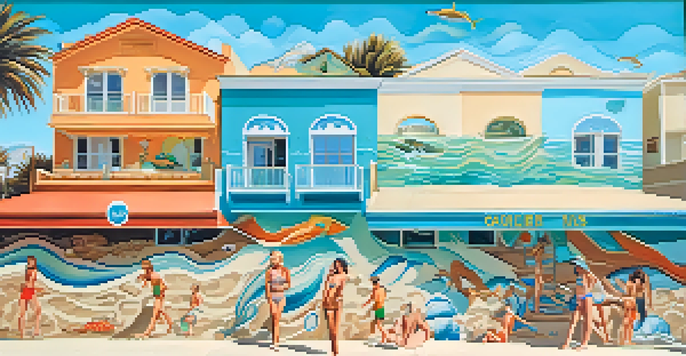 A colorful mural on a wall showcasing ocean waves, beach life, and playful sea creatures in Santa Monica.