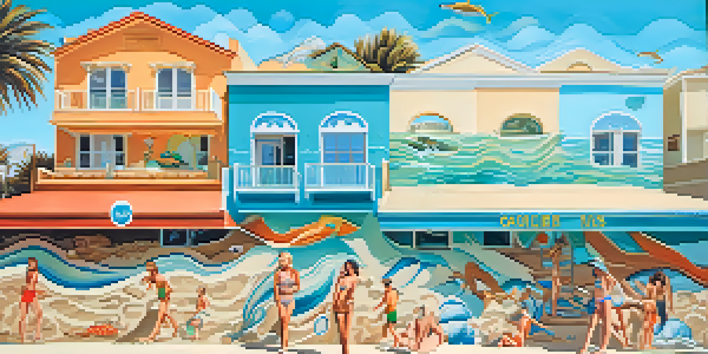 A colorful mural on a wall showcasing ocean waves, beach life, and playful sea creatures in Santa Monica.