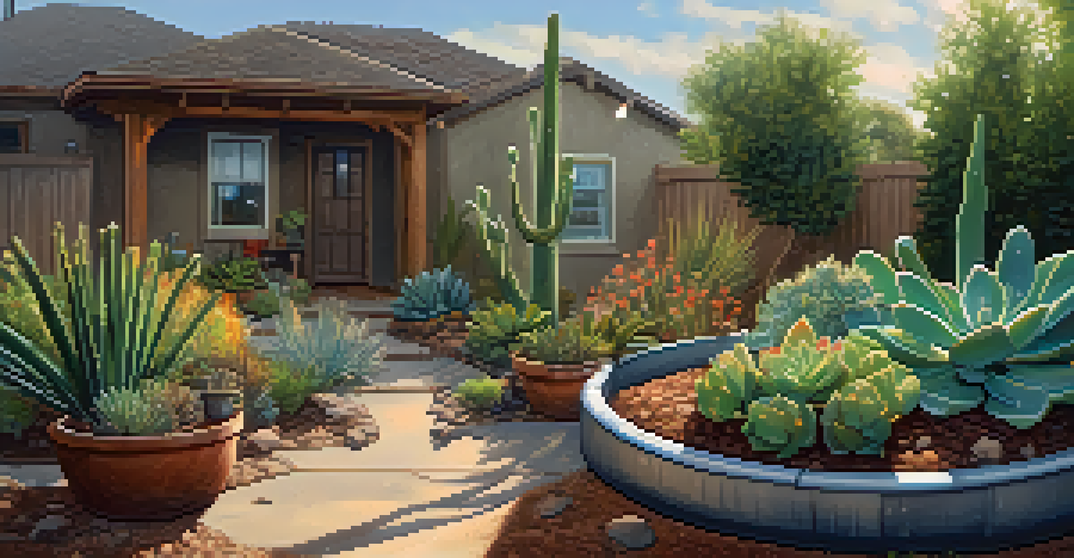 A close-up of a garden with a drip irrigation system, water droplets nourishing drought-resistant plants, and a rain barrel in the background.