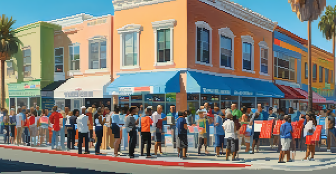 A diverse group of voters standing in line at a Santa Monica polling place, with colorful banners and palm trees in the background.