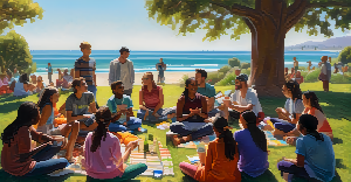 A diverse group of young people sitting in a circle in a park, engaged in discussion about faith and community, with trees and the ocean in the background.