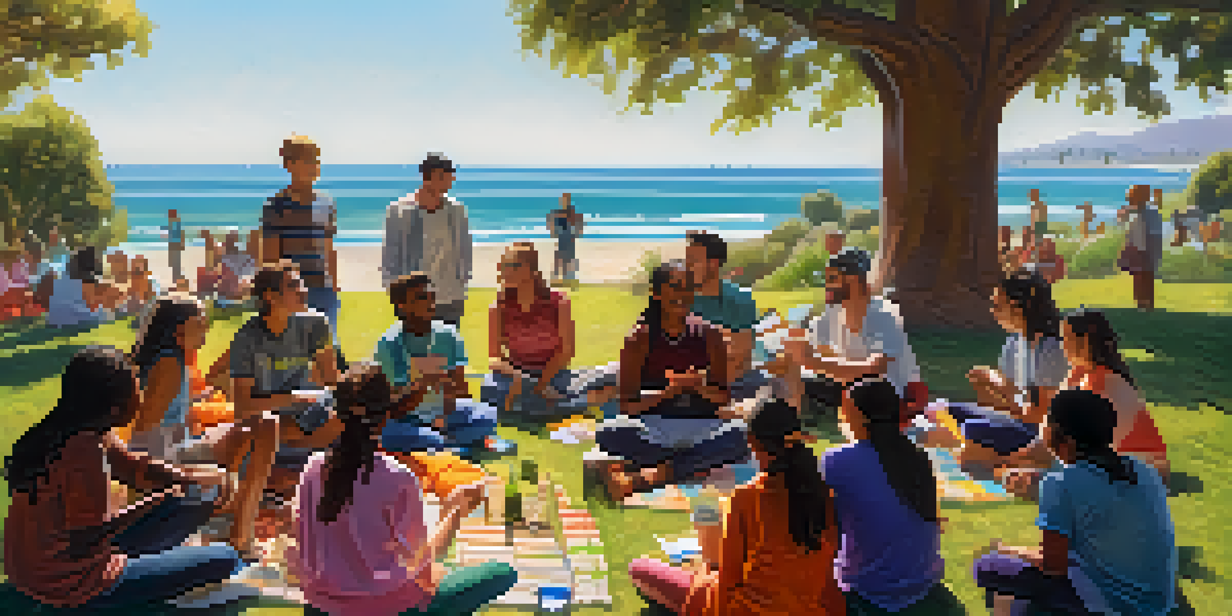 A diverse group of young people sitting in a circle in a park, engaged in discussion about faith and community, with trees and the ocean in the background.
