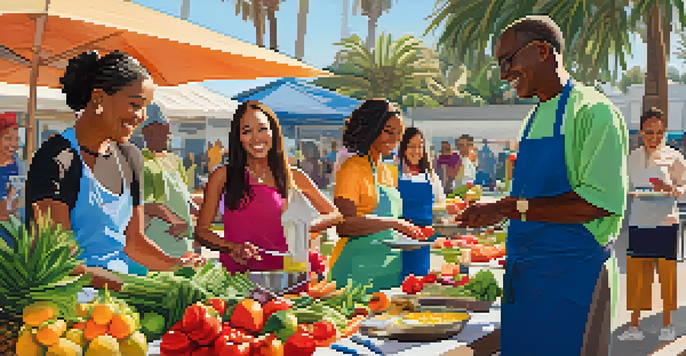 A diverse group of people participating in a cooking demonstration at a nutrition workshop outdoors in Santa Monica, surrounded by fresh produce and palm trees.